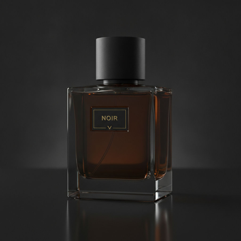 Noir eau de parfum in heavy smoked glass, lit low against deep shadow